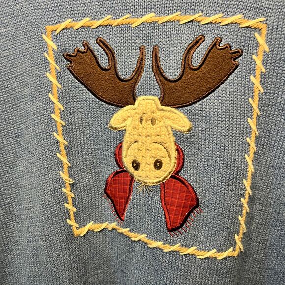 VTG Christopher & Banks Sweater Hand Embroidered Blue Holiday Moose Knit L - Picture 2 of 7